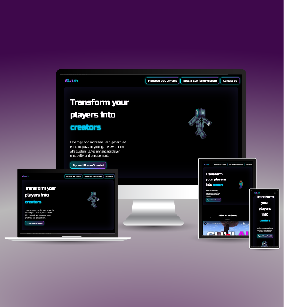 Clivi AI Gaming Platform responsive website mockup
