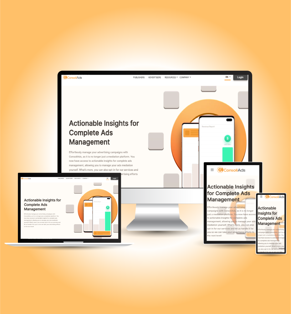 ConsoliAds Ads Platform responsive website mockup